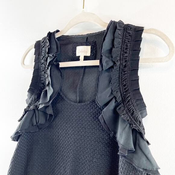 Deletta Anthropologie Ruffle Shoulder Trim Textured Stretch Tank Top Black Small - Picture 9 of 13